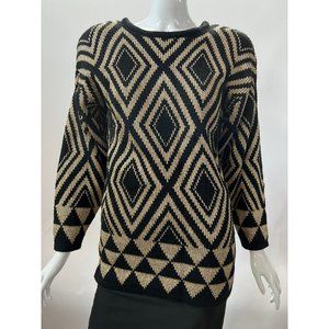 Destinee Vintage Abstract Tunic Sweater  Small Black, Gold Wool Blend